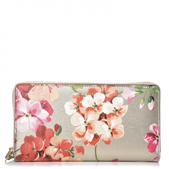 Gucci Metallic Shangai Calfskin Blooms Print Zip Around Wallet Gold Multicolor 1 of 8