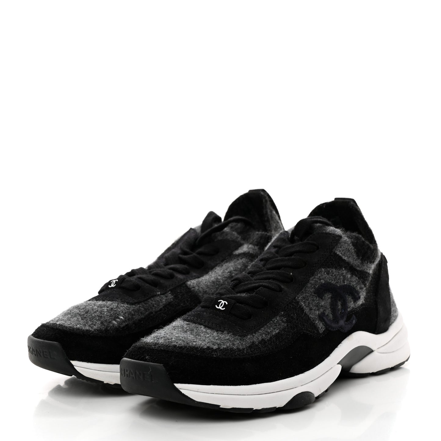 Fabric Suede Calfskin Womens CC Sneakers 37 Black Grey