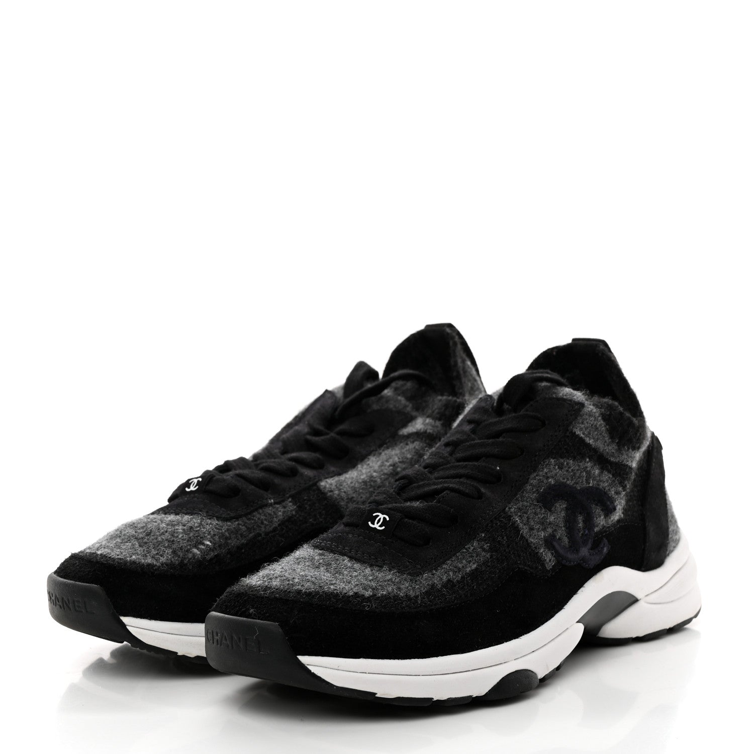 Chanel Fabric Suede Calfskin Womens CC Sneakers 37 Black Grey 3 of 8