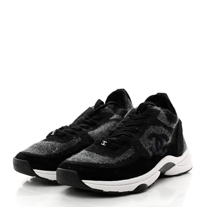 Chanel Fabric Suede Calfskin Womens CC Sneakers 37 Black Grey 3 of 8