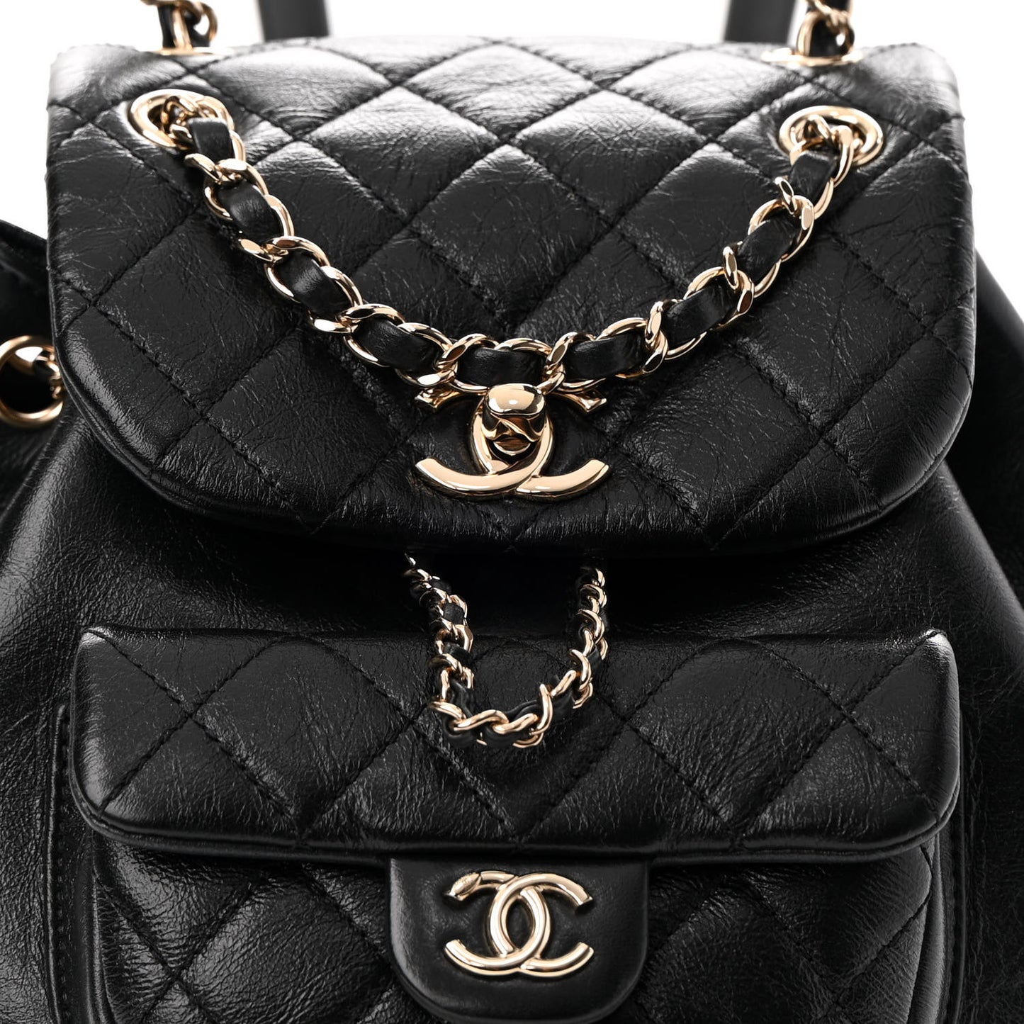 Glazed Aged Calfskin Quilted Small Duma Drawstring Backpack Black