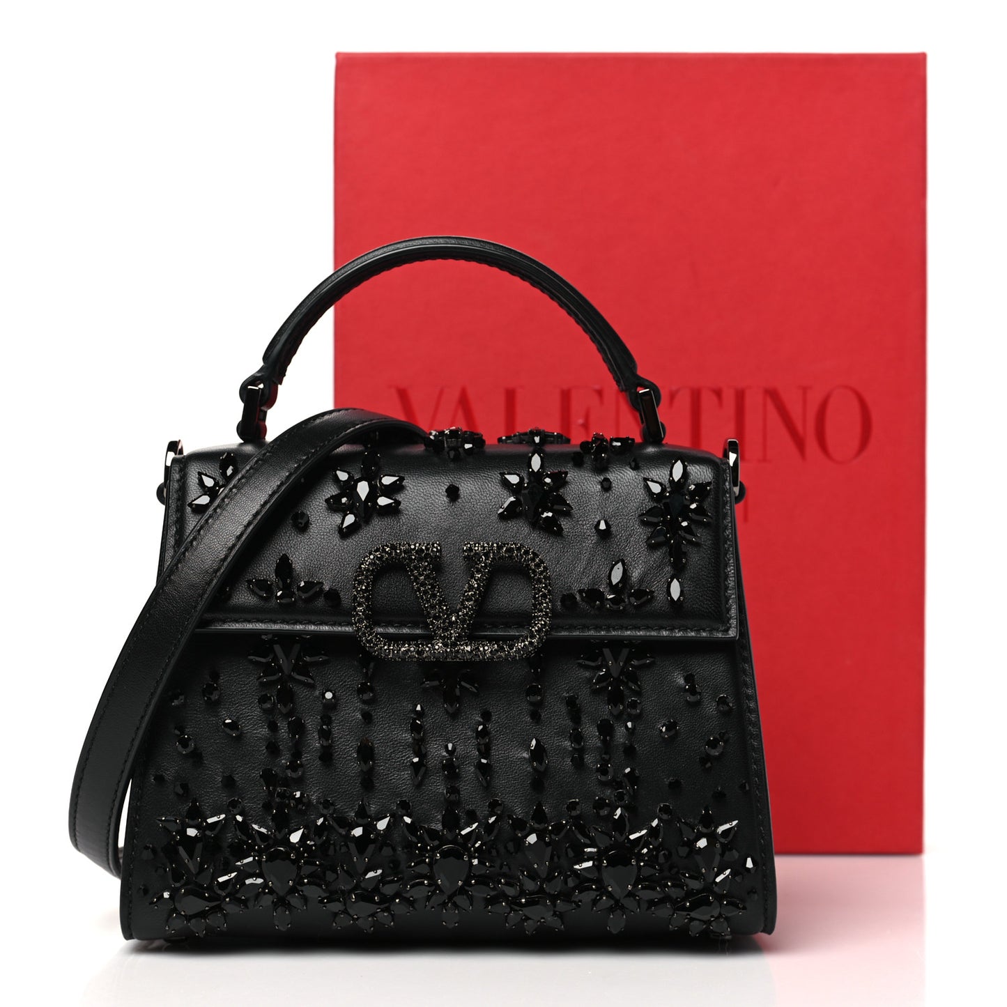 Calfskin Crystal Embroidered Mini Vsling Top Handle Bag Black