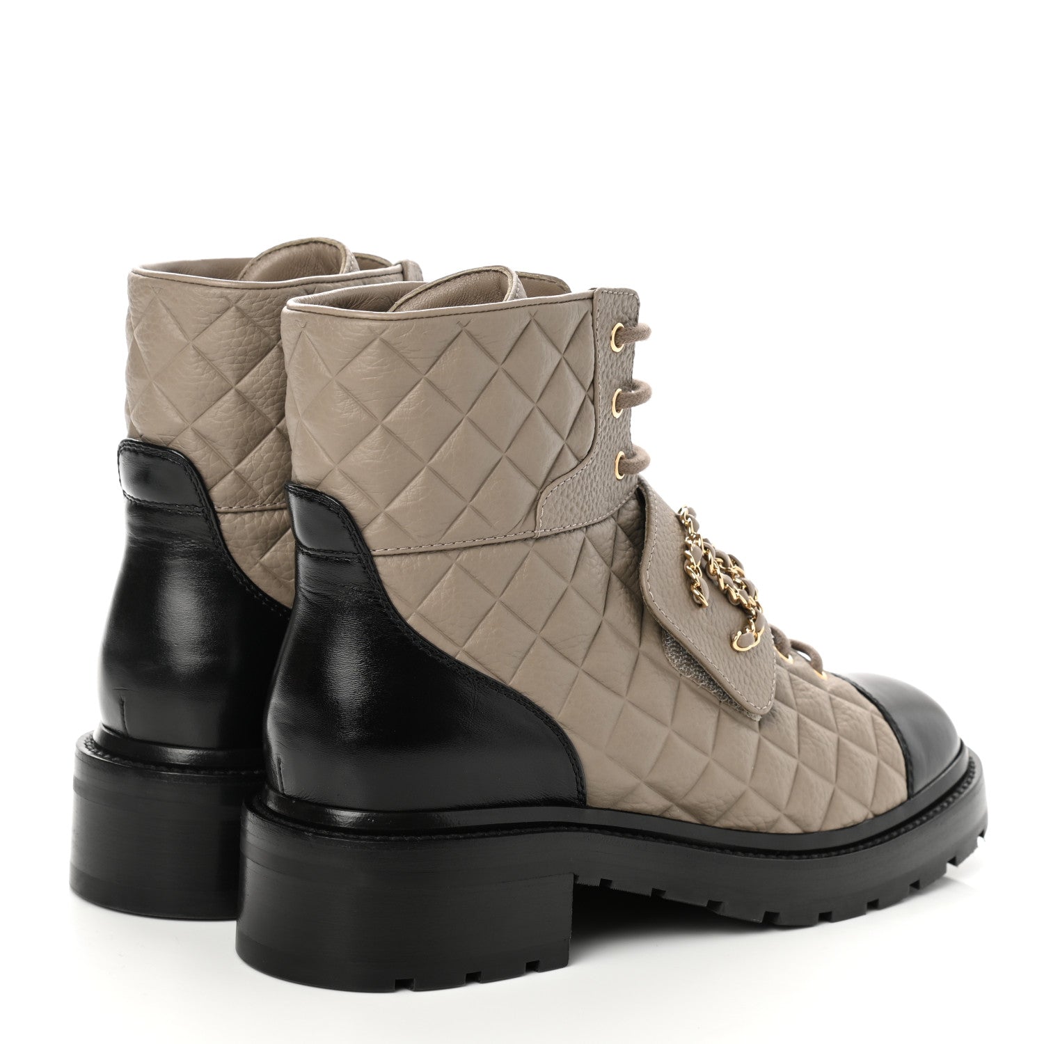 Chanel Calfskin Shiny Calfskin Quilted Lace Up Combat Boots 40.5 Dark Beige Black 4 of 9