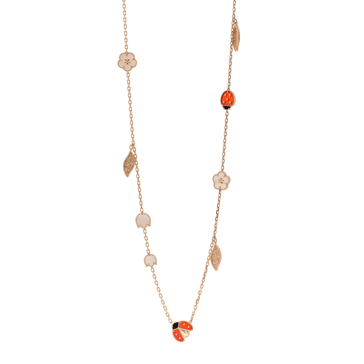 18K Rose Gold Mother of Pearl Carnelian Onyx 15 Motifs Lucky Spring Long Necklace
