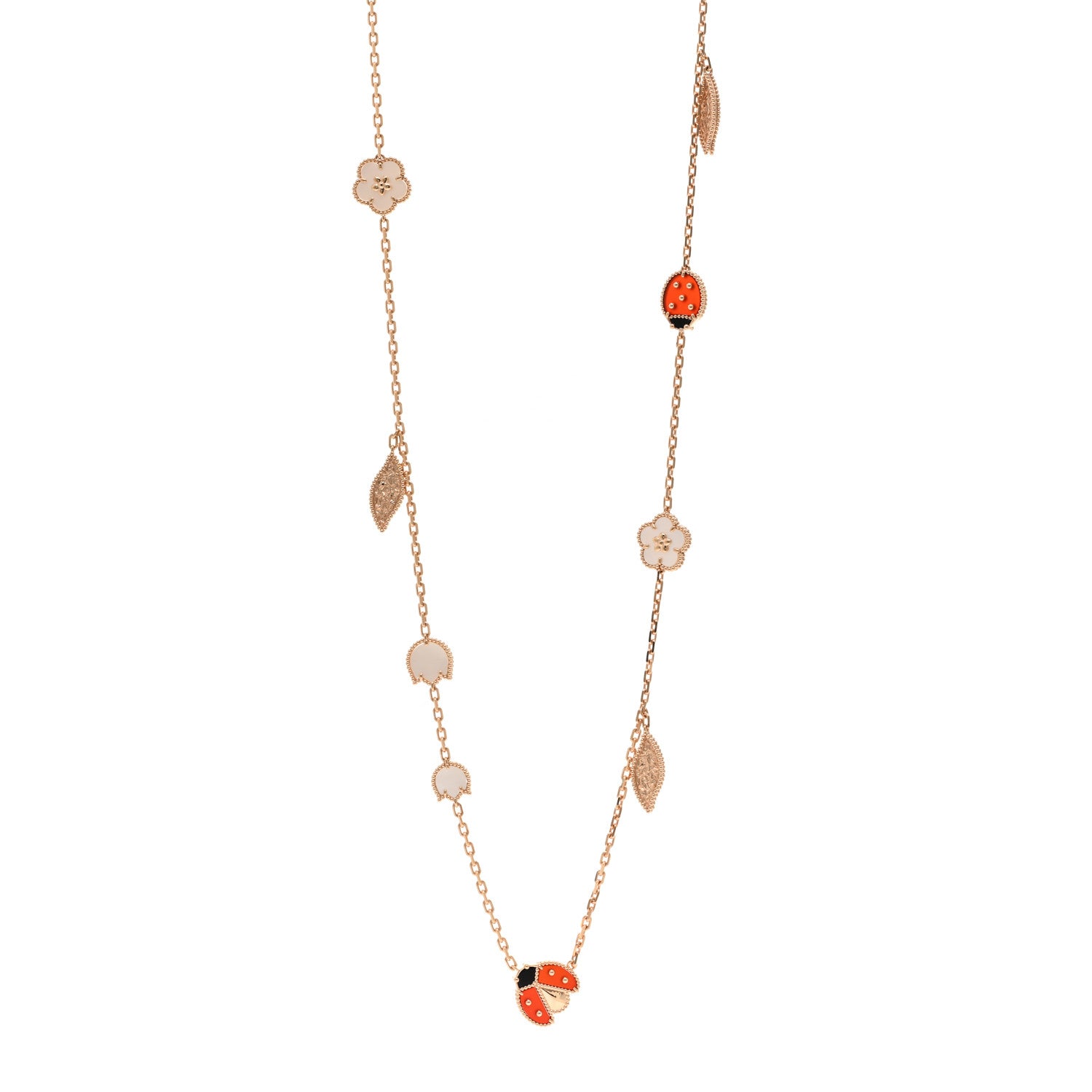 Van Cleef & Arpels 18K Rose Gold Mother of Pearl Carnelian Onyx 15 Motifs Lucky Spring Long Necklace 1 of 5