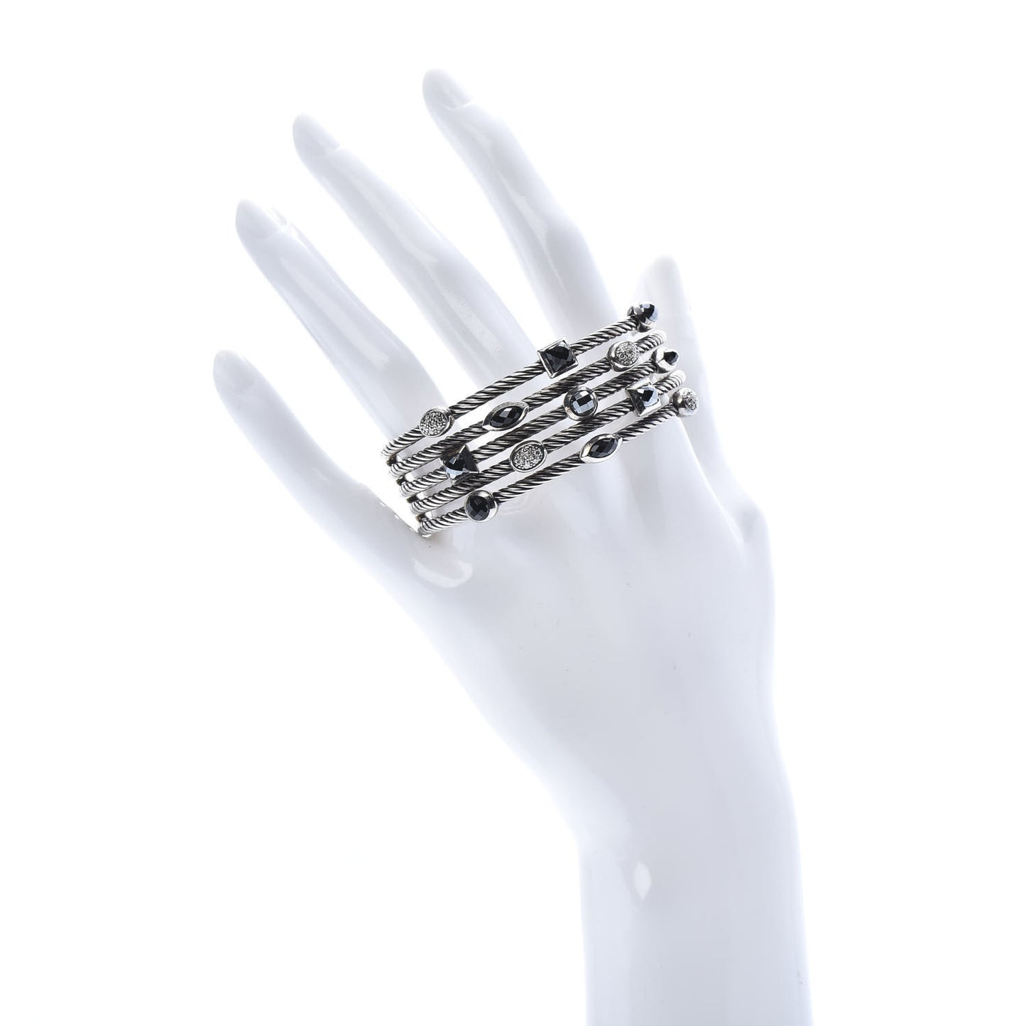 Sterling Silver Diamond Hematite Black Onyx Five Row Confetti Cuff Bracelet