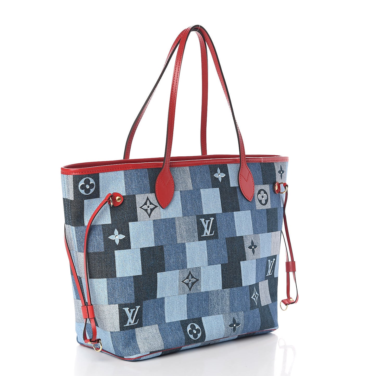 Denim Damier Monogram Patchwork Neverfull Blue Rouge