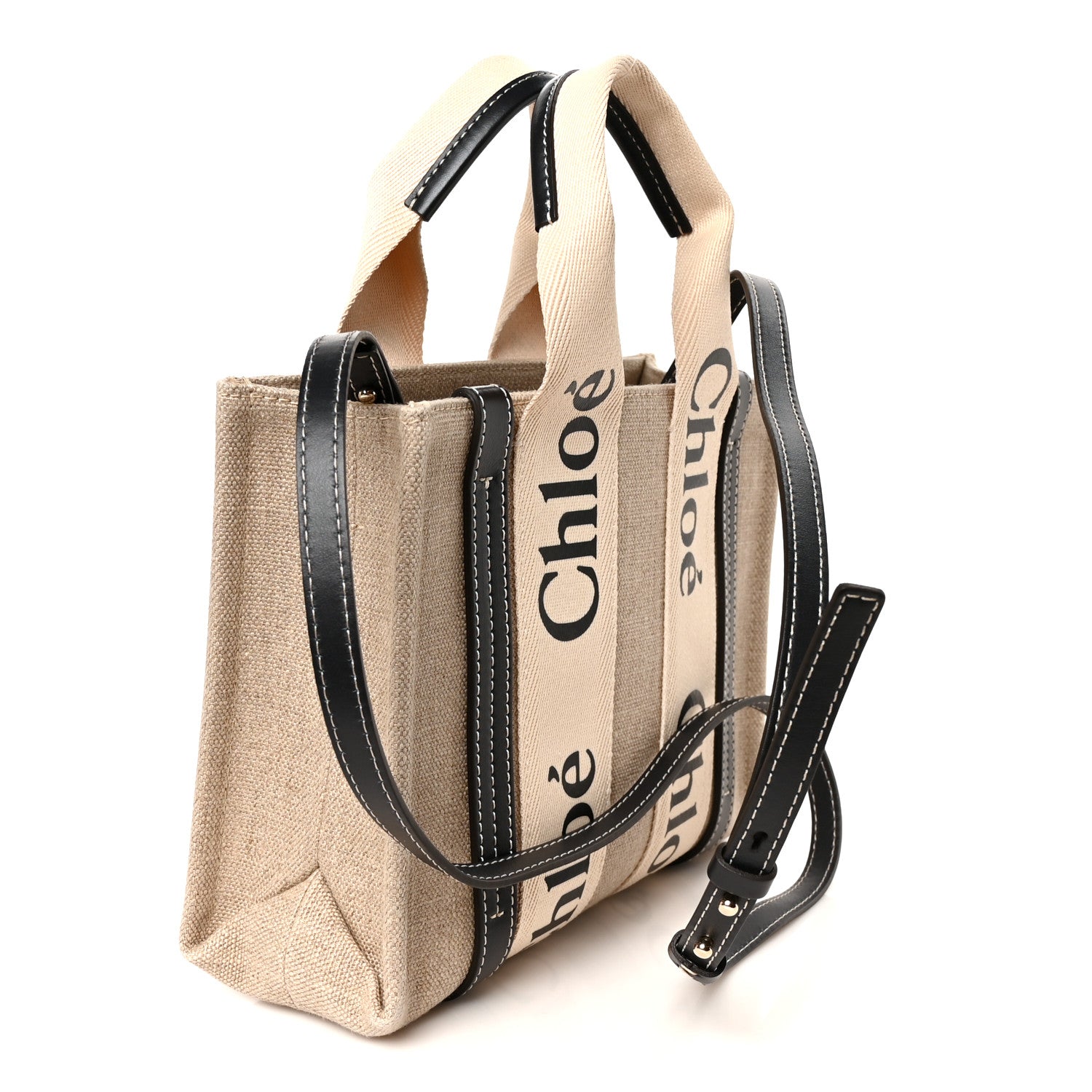 Chloe Cotton Calfskin Small Woody Ribbon Tote With Strap White Navy 3 of 11