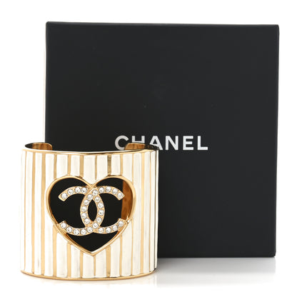 Chanel Crystal Heart CC Cuff Bracelet S Gold White 5 of 5