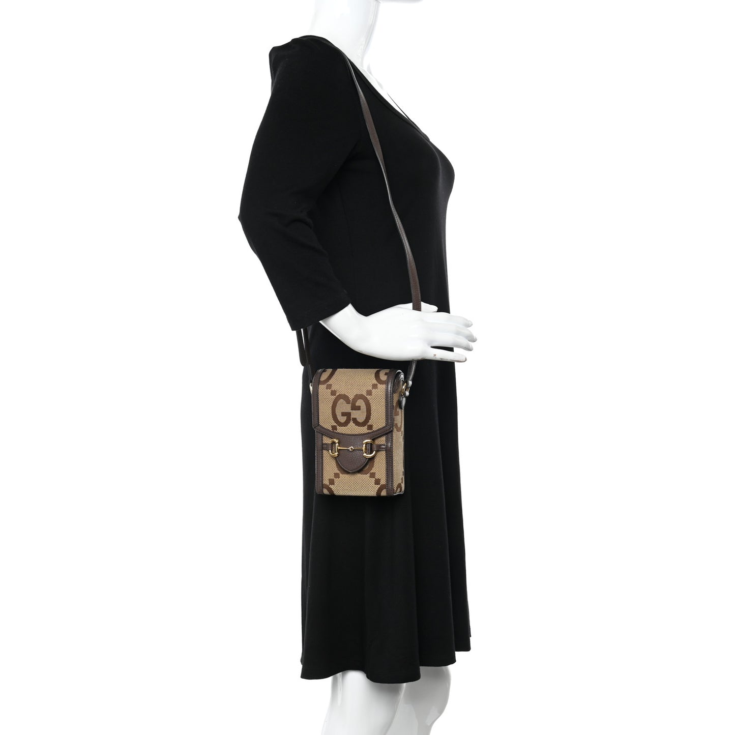 Monogram Jumbo GG Textured Dollar Calfskin Mini Horsebit 1955 Crossbody Bag Camel Ebony New Acero