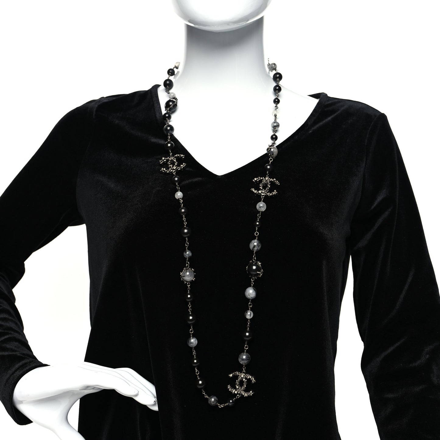 Pearl Beaded CC Long Necklace Silver Black