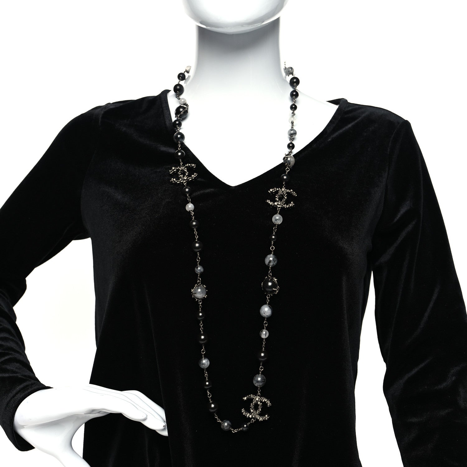 Chanel Pearl Beaded CC Long Necklace Silver Black 2 of 5