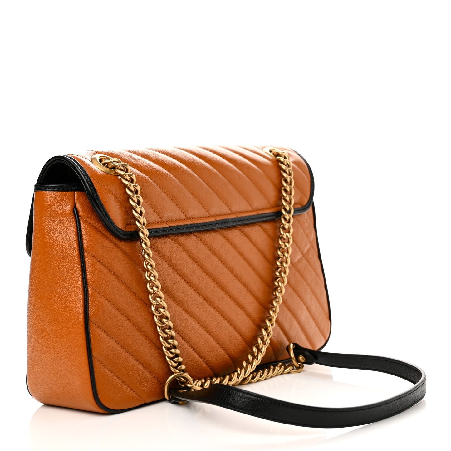 Vintage Effect Calfskin Matelasse Diagonal Small Torchon GG Marmont Shoulder Bag Cognac Black