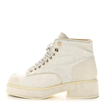 Chanel Suede Pony Hair Shearling Lace Up Combat Boots 37.5 White Black 1 of 11