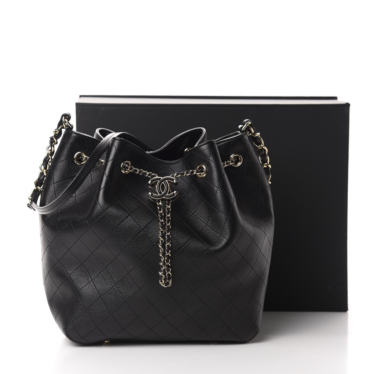 Calfskin Stitched Drawstring Bag Black