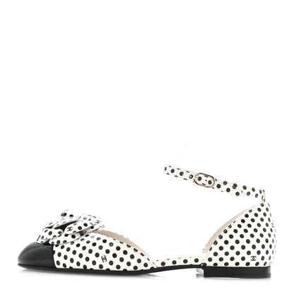 Chanel Calfskin Printed Patent Cap Toe Polka Dot Camellia Mary Jane Flats 36 White Black 1 of 8