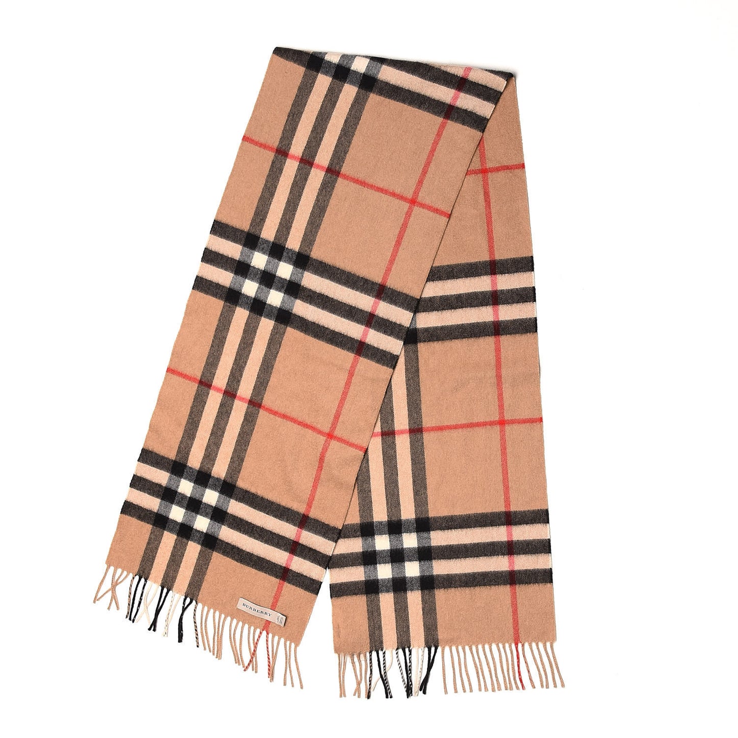 Cashmere Giant Check Fringe Scarf Camel