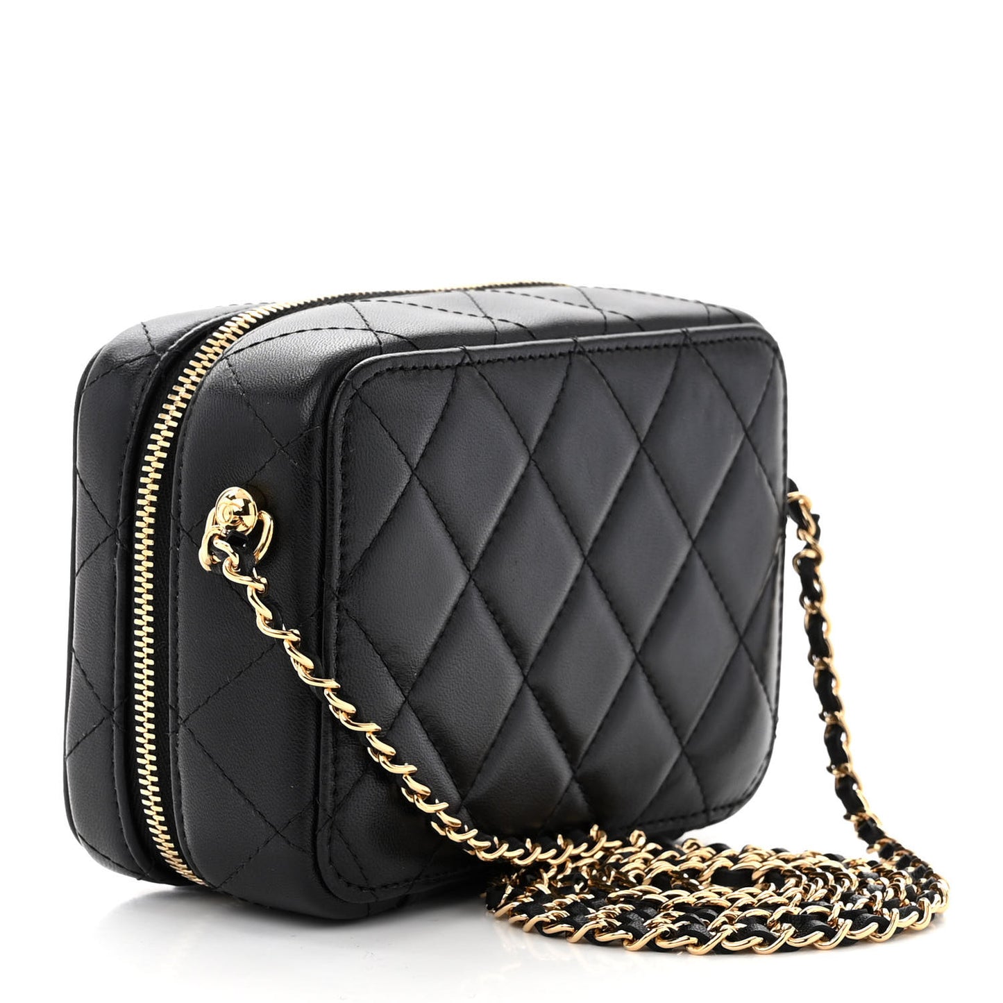 Lambskin Metal Quilted Mini Vanity Case With Chain Black Gold