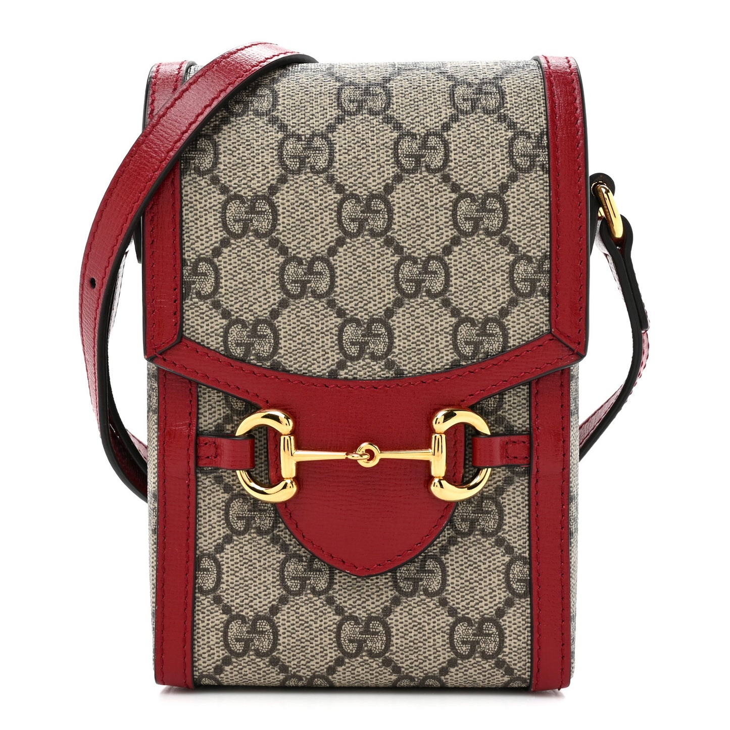 GG Supreme Monogram Azalea Calfskin Horsebit 1955 Crossbody Bag Beige Ebony New Cherry Red