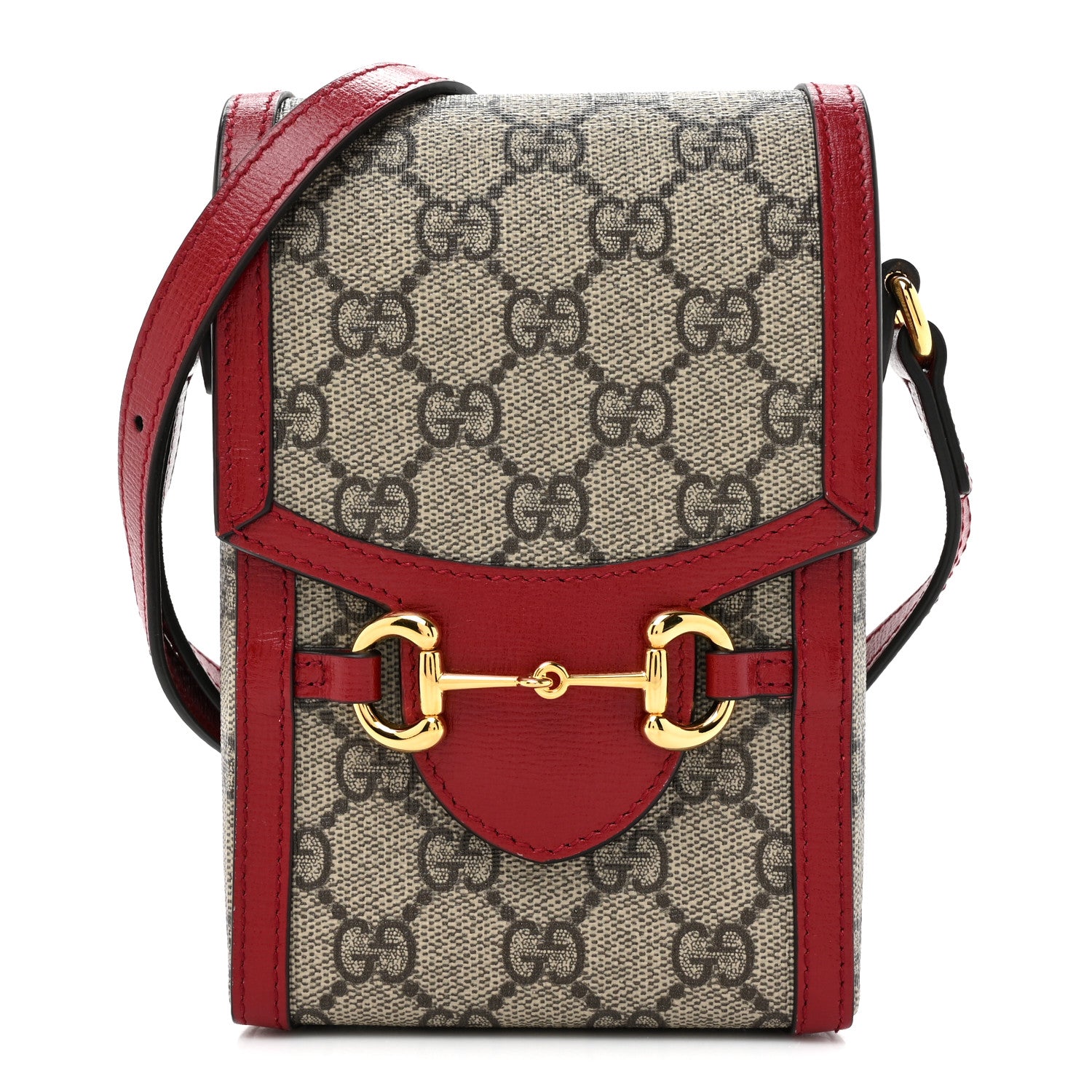 Gucci GG Supreme Monogram Azalea Calfskin Horsebit 1955 Crossbody Bag Beige Ebony New Cherry Red 1 of 11
