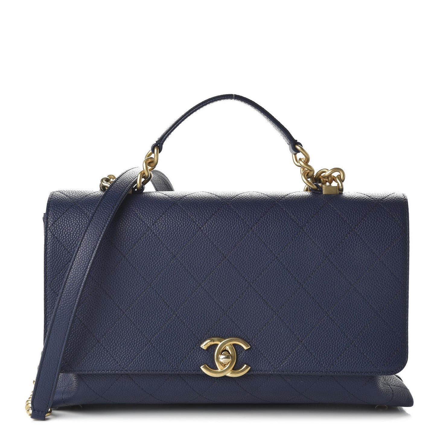 Grained Calfskin Stitched Flap Navy Blue
