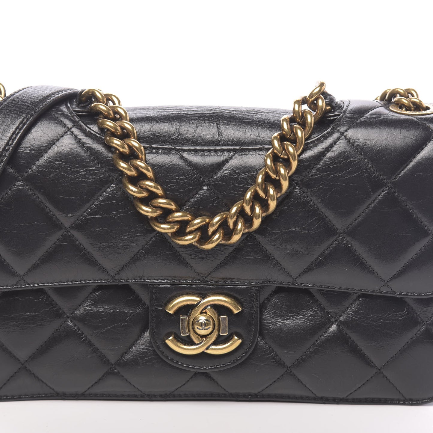 Glazed Calfskin Quilted Medium Perfect Edge Flap Black