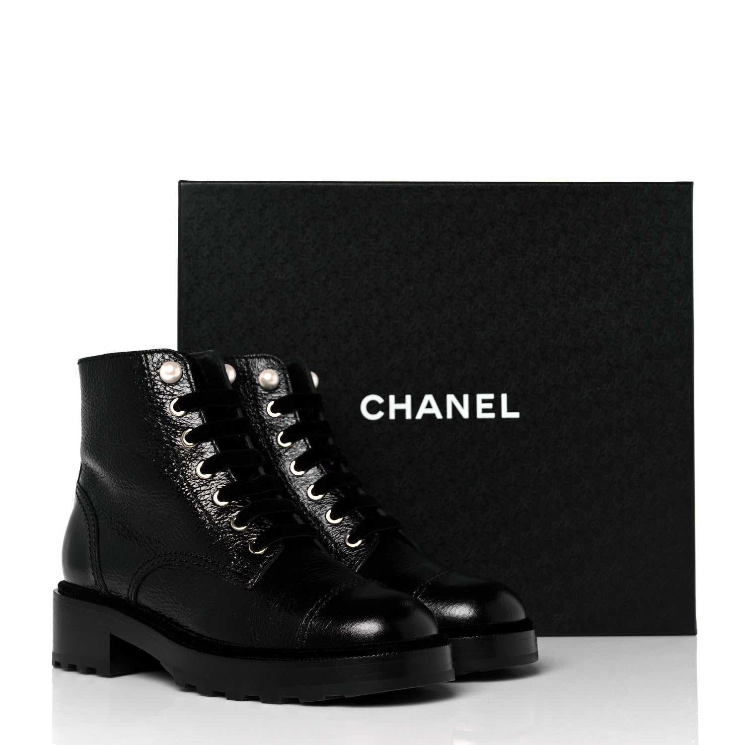 Chanel Shiny Calfskin Velvet Pearl Combat Short Boots 37 Black 8 of 8