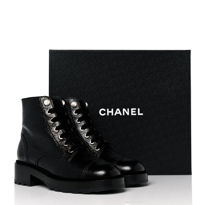 Chanel Shiny Calfskin Velvet Pearl Combat Short Boots 37 Black 8 of 8