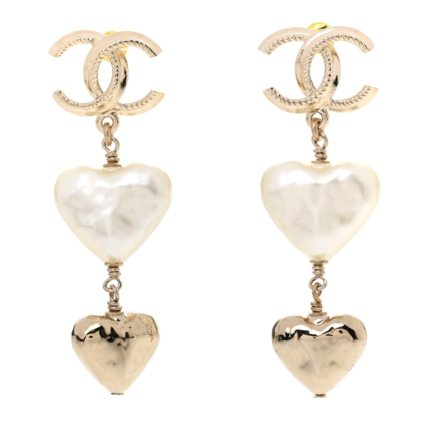 Pearl CC Double Heart Drop Earrings Gold