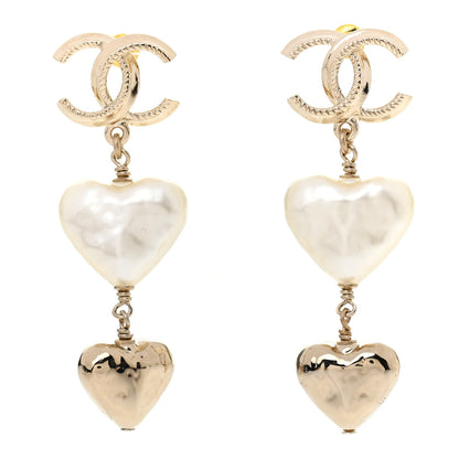 Chanel Pearl CC Double Heart Drop Earrings Gold 1 of 4