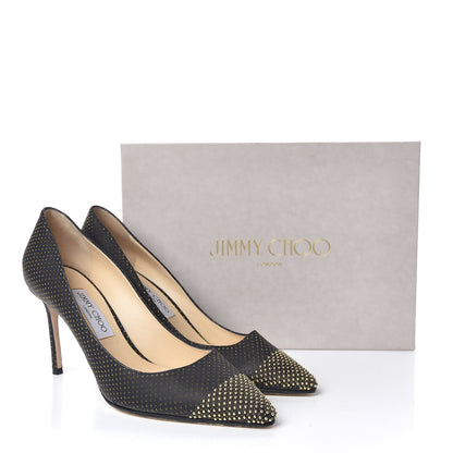 Jimmy Choo Suede Mini Dot Perforated Mini Studs Romy 85 Pumps 40 Black Gold 10 of 10