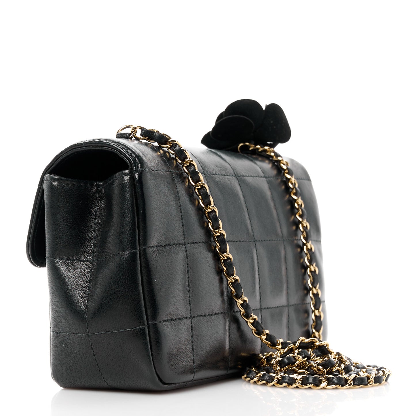 Lambskin Quilted Mini Chocolate Bar Camellia Flap Black