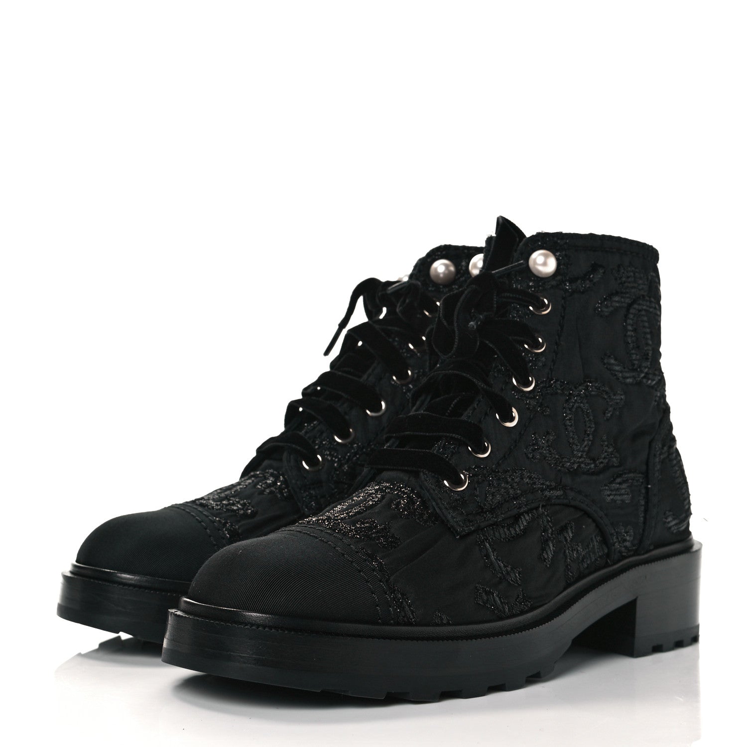 Chanel Grosgrain Pearl CC Combat Short Boots 38.5 Black 3 of 7