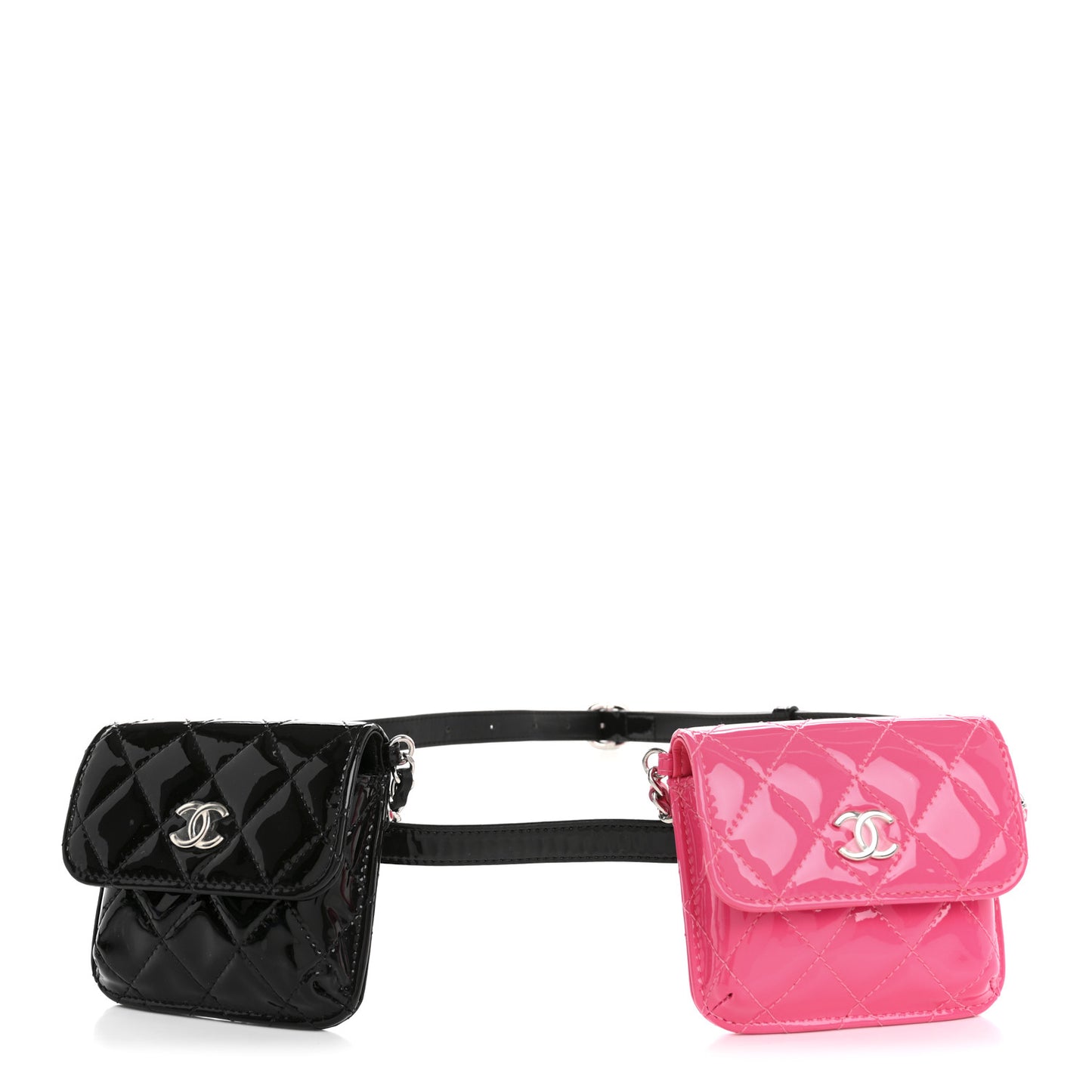 Patent Quilted Belt In Love Double Mini Flap Waist Bag Black Pink
