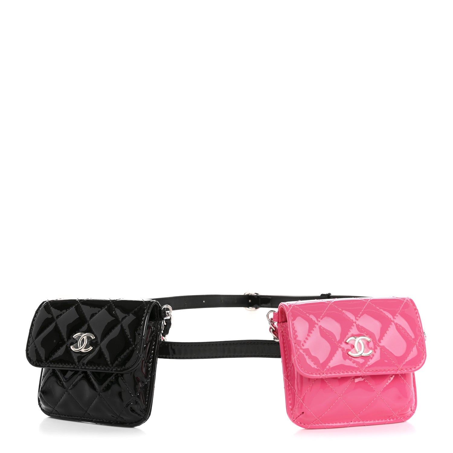 Chanel Patent Quilted Belt In Love Double Mini Flap Waist Bag Black Pink 1 of 13