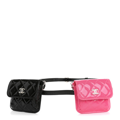 Chanel Patent Quilted Belt In Love Double Mini Flap Waist Bag Black Pink 1 of 13