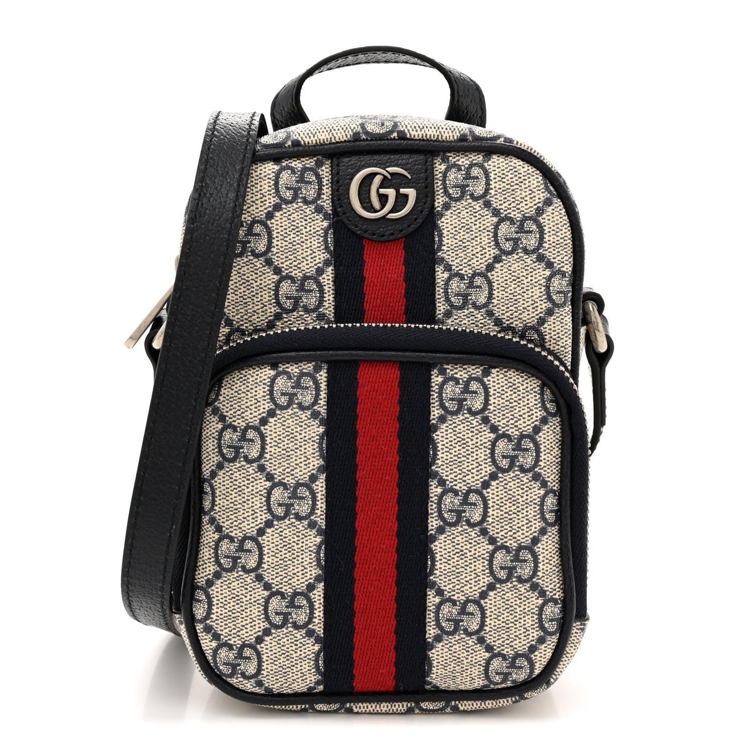 Gucci GG Supreme Monogram Textured Dollar Calfskin Web Mini Ophidia Double Zip Messenger Bag Beige Blue 1 of 10