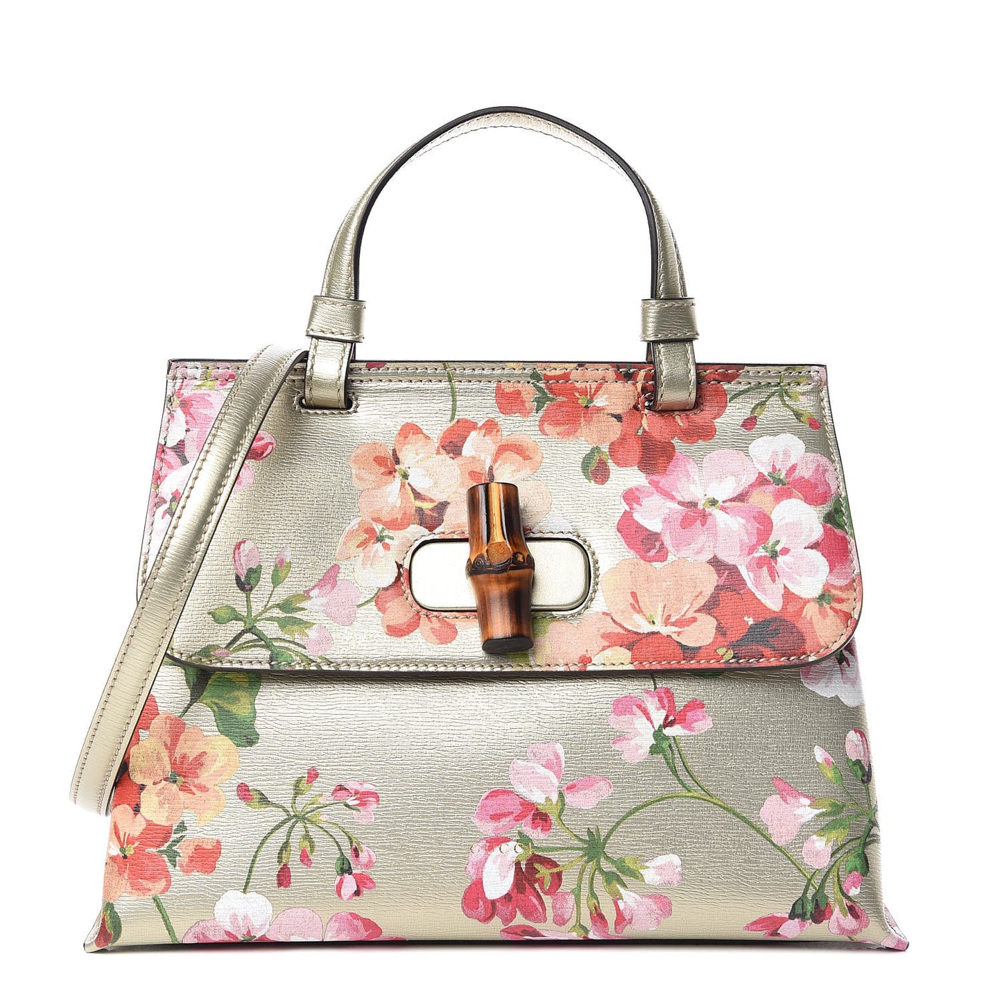 Metallic Shangai Calfskin Blooms Print Small Bamboo Daily Top Handle Bag Gold Multicolor