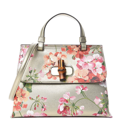 Gucci Metallic Shangai Calfskin Blooms Print Small Bamboo Daily Top Handle Bag Gold Multicolor 1 of 9