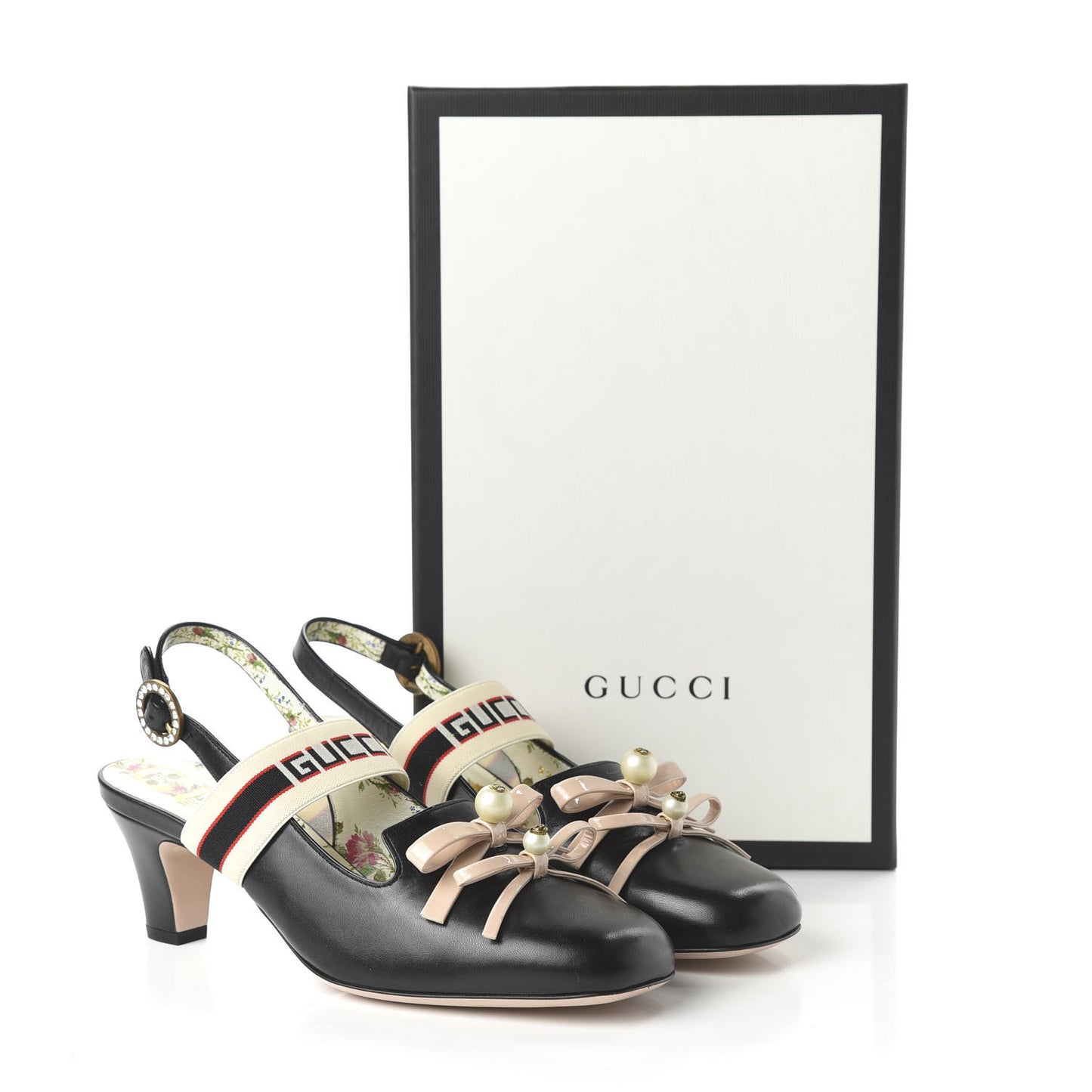 Malaga Kid Bow Ace Stripe Mid Heel Slingback Pumps 38 Black