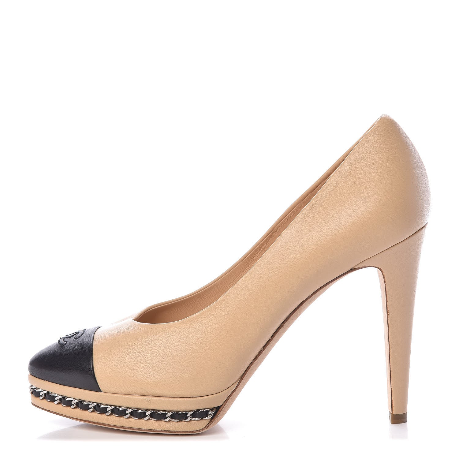 Chanel Calfskin CC Cap Toe Platform Chain Pumps 38.5 Beige Black 1 of 17