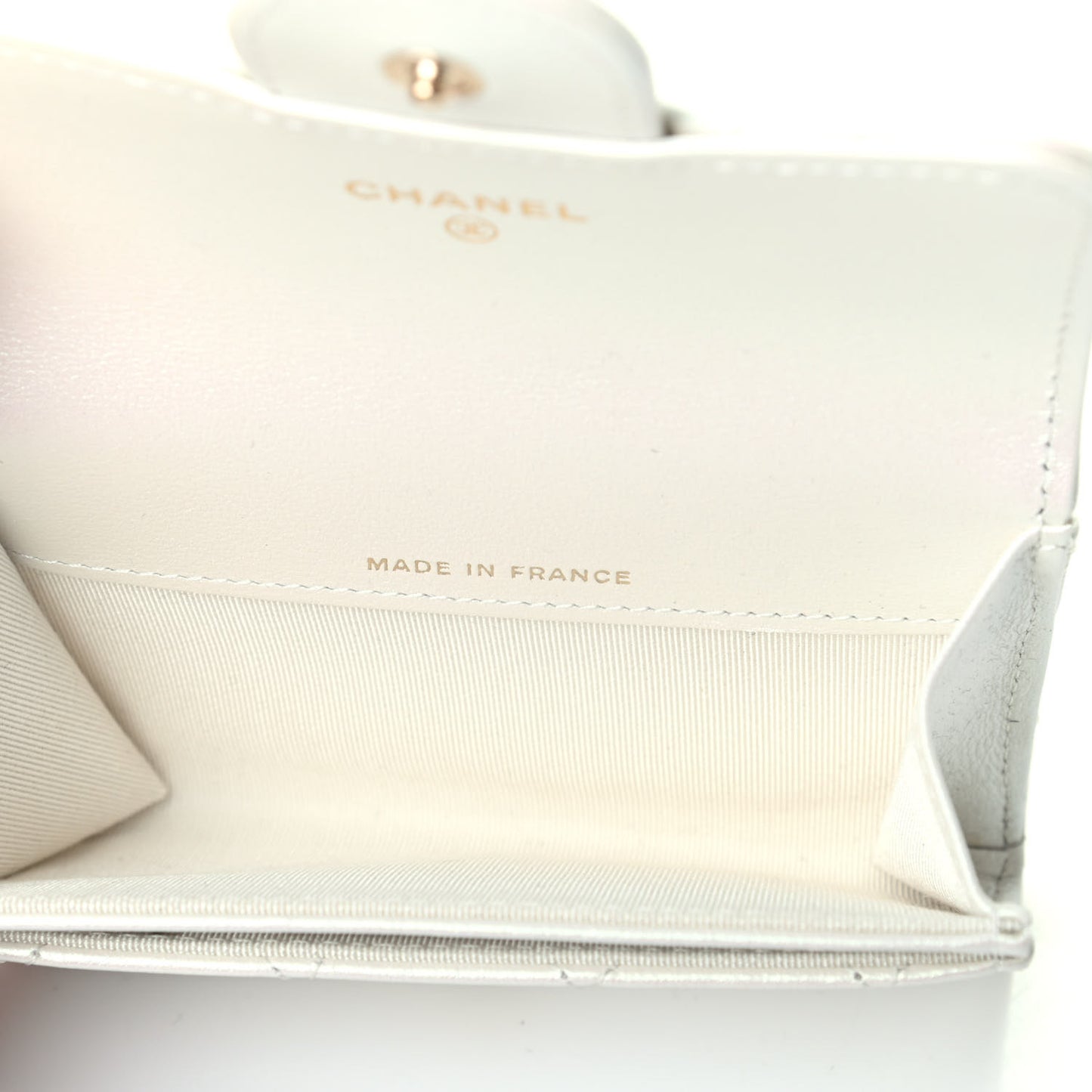 Iridescent Lambskin Quilted Flap Card Holder Wallet Ivory