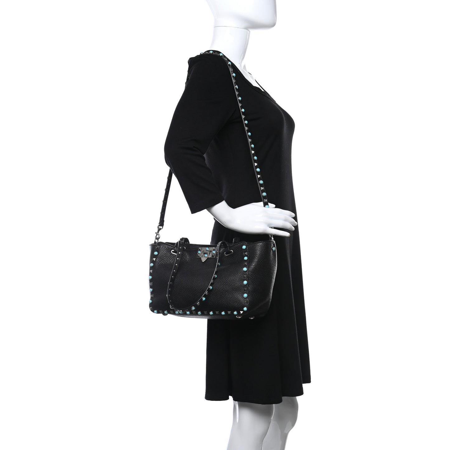 Grained Calfskin Turquoise Small Rockstud Rolling Tote Black