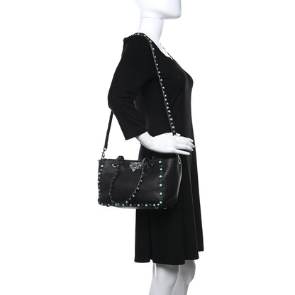 Valentino Garavani Grained Calfskin Turquoise Small Rockstud Rolling Tote Black 2 of 9