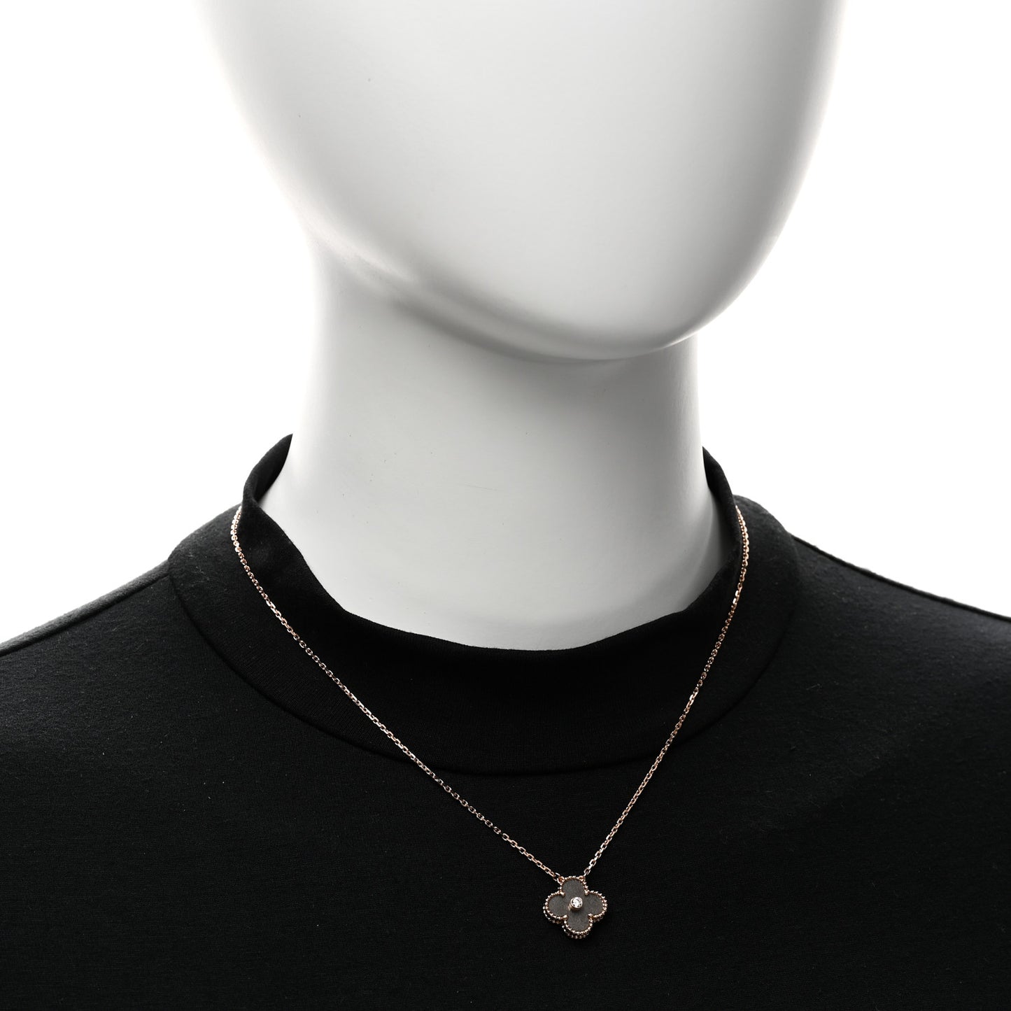 18K Rose Gold Diamond Silver Obsidian Vintage Alhambra Pendant Necklace