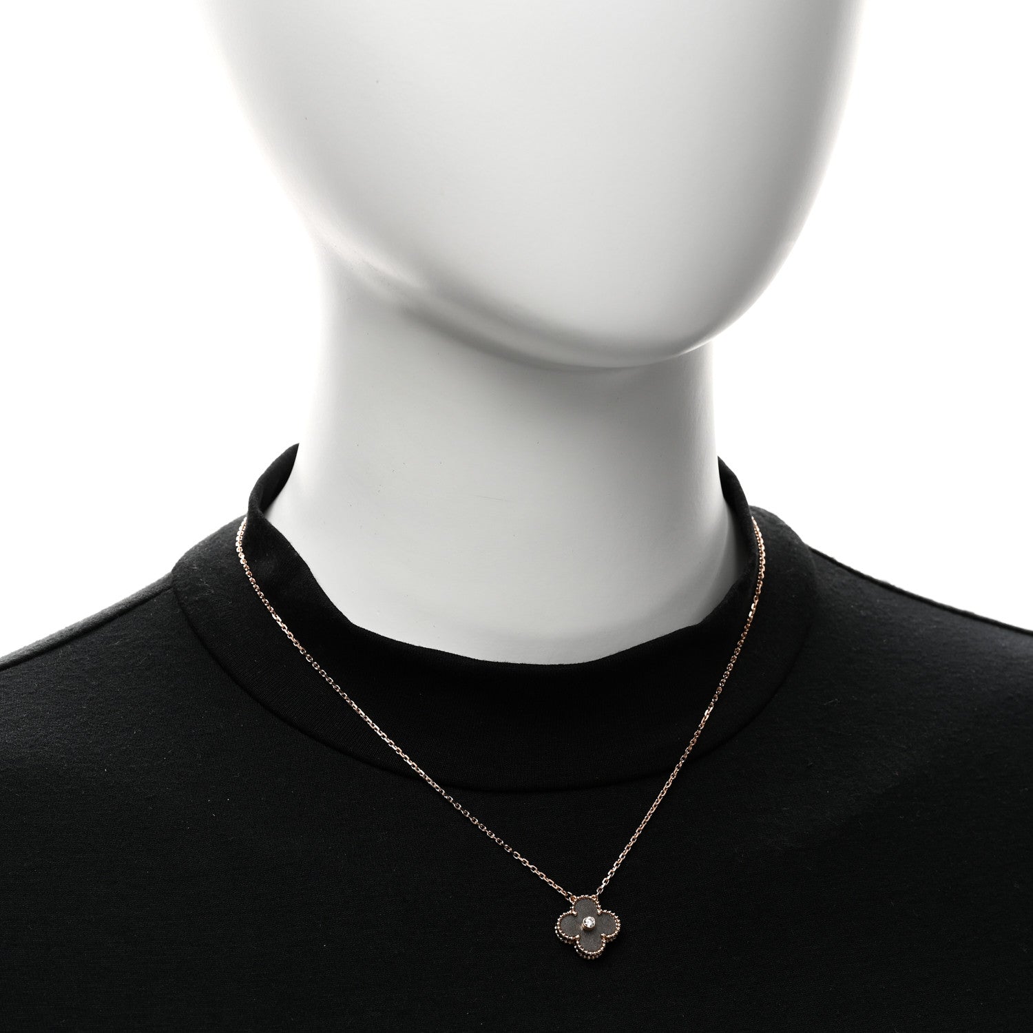 Van Cleef & Arpels 18K Rose Gold Diamond Silver Obsidian Vintage Alhambra Pendant Necklace 2 of 6