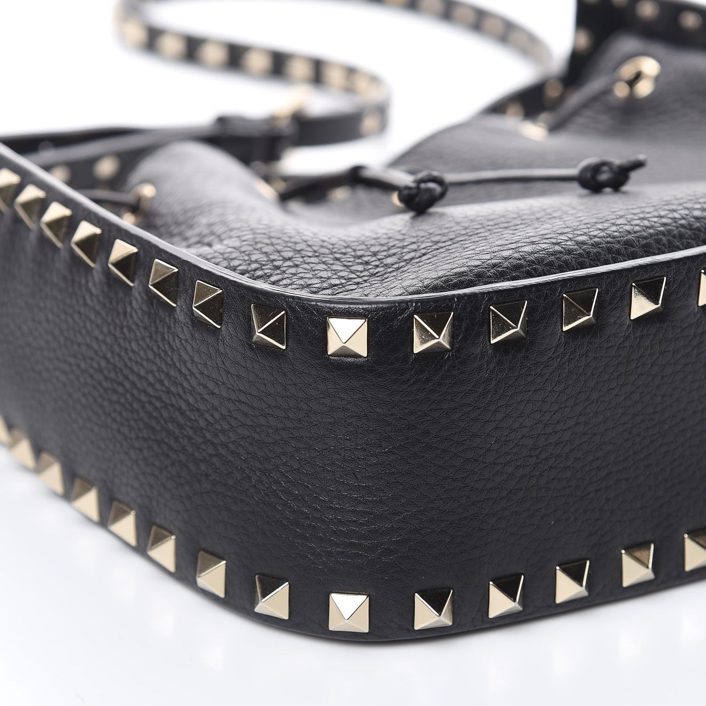 Grained Calfskin Rockstud Bucket Bag Black