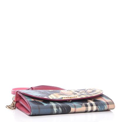 Burberry Haymarket Check Floral Print Henley Wallet On Chain Plum Pink Pewter Blue 4 of 8