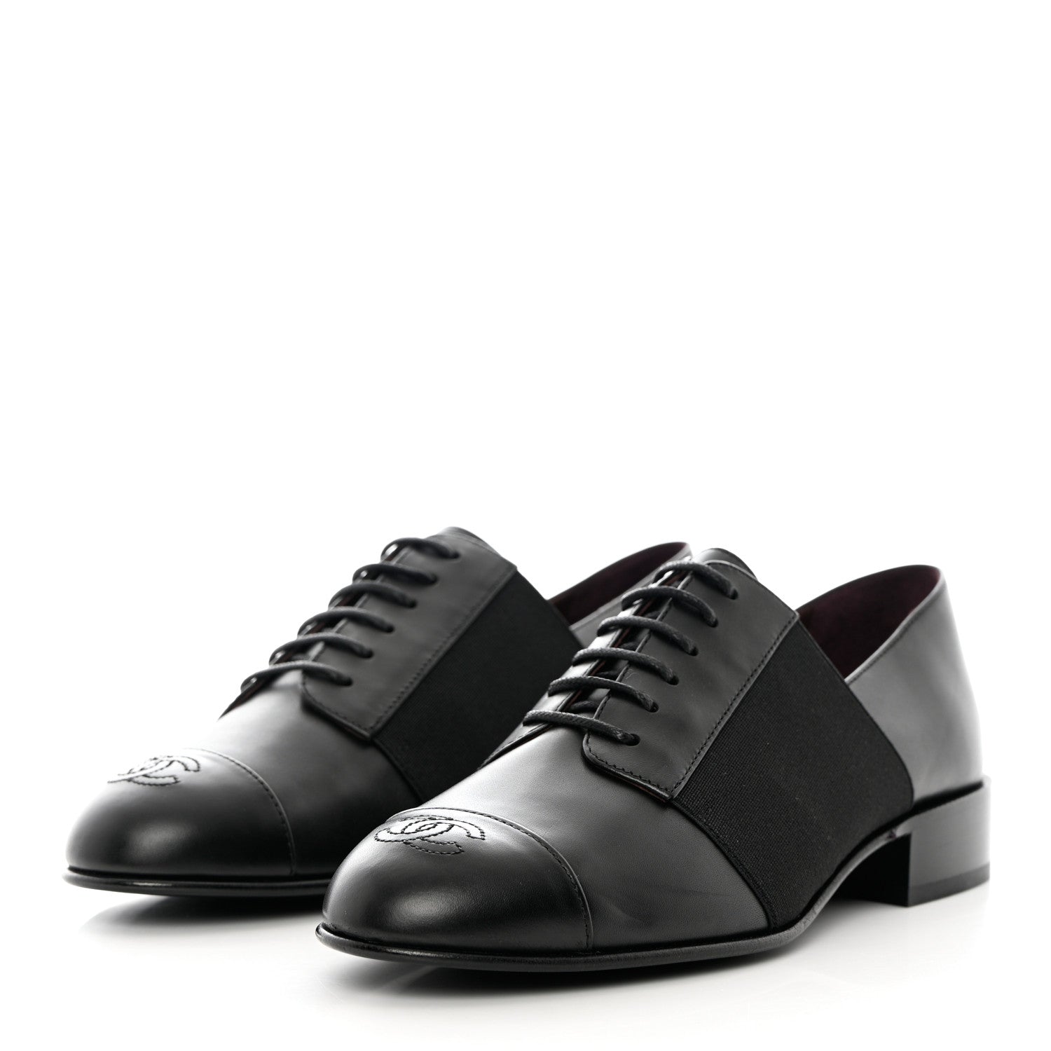 Chanel Calfskin Elastic Lace Up Cap Toe CC Loafers 36 Black 3 of 9
