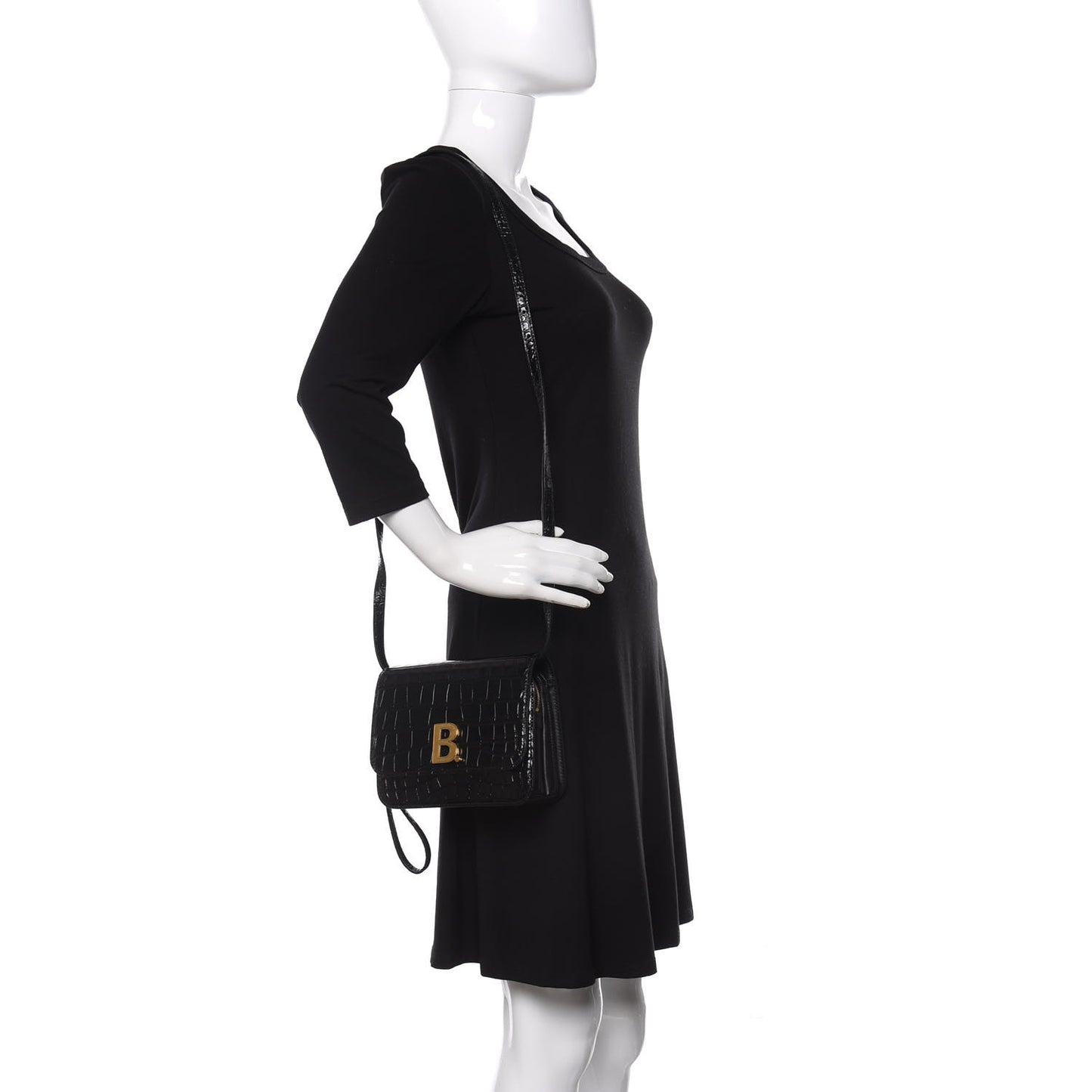 Shiny Calfskin Crocodile Embossed Small B Bag Black